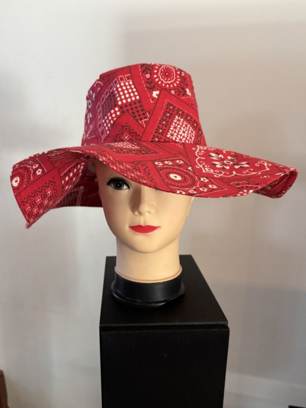 70s Vintage Red Bandana Print Wide Brim Floppy Festival Hat Hippie sz S